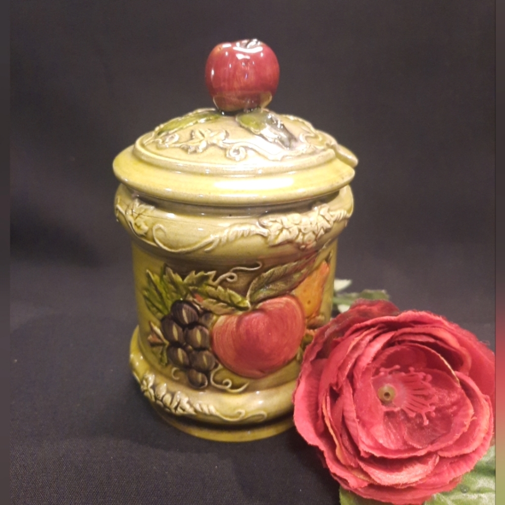 Vintage Lefton Ceramic Condiment Jam Jar w/Lid Fall Fruit Design